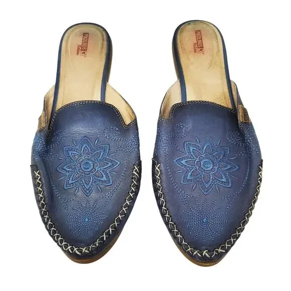 Pikolinos Shoes Womens 10/10.5 Mules Bari Blue Leather Boho Slip On 41 - Picture 6 of 10